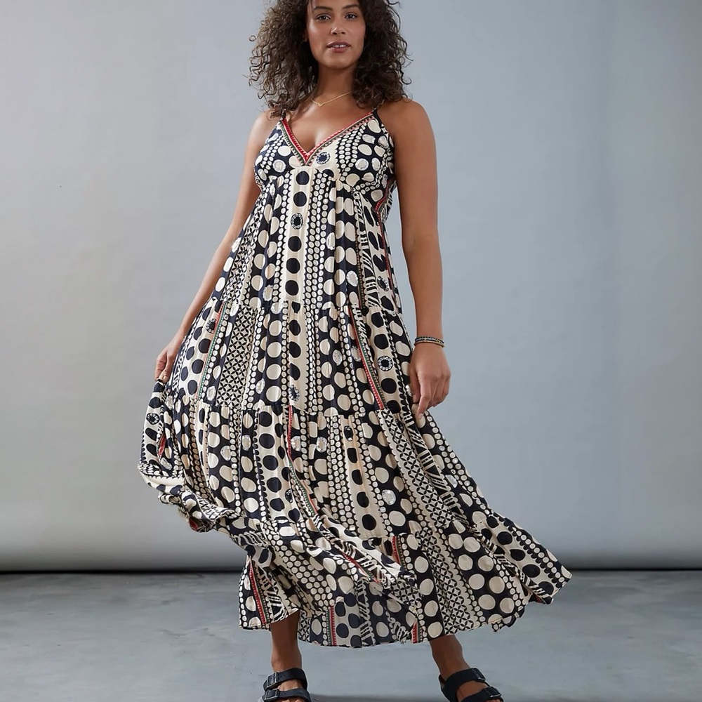 NWT Anthropologie Verb Penelope Tiered Maxi Dress Size 10 Petite Black White